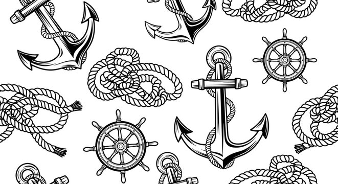 A nautical themed vector graphic featuring anchors and ship wheels on a white background