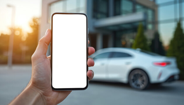 Person holds smartphone with empty screen outdoors near modern building and white car. Device displays blank white space for mockup. Use this phone screen for your creative design.