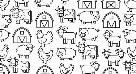 Fototapeta premium A black and white vector graphic illustration of various farm animals and buildings