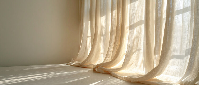 Sheer linen curtains hang in a minimalist studio. Natural sunlight streams through, casting soft grid shadow patterns on the white floor and counter. Ideal for interior design and lifestyle visualizat