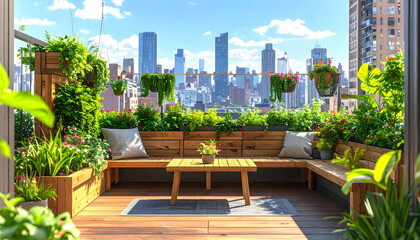 Fototapeta premium Sleek balcony interior with timber flooring black metal rails understated neutral design wallpaper