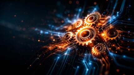 Obraz premium Technological Cogwheel Fusion: a captivating composition of interconnected gears at the heart of an advanced technological display, evoking innovation, and the intricacies of engineering.