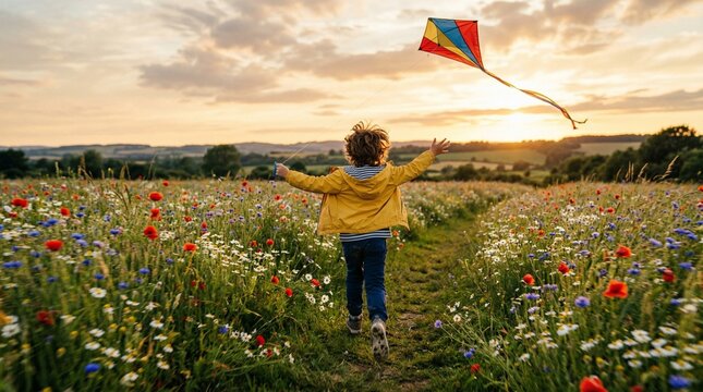 Child Flying Kite in Wildflower Meadow Celebrating First Day of Spring Sunset Outdoors