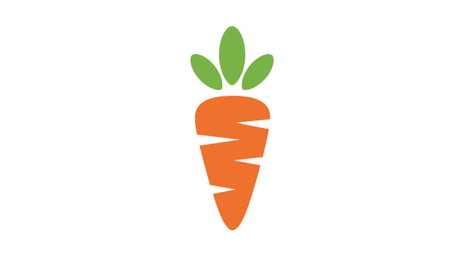 A vibrant orange carrot icon with green leaves on a white background