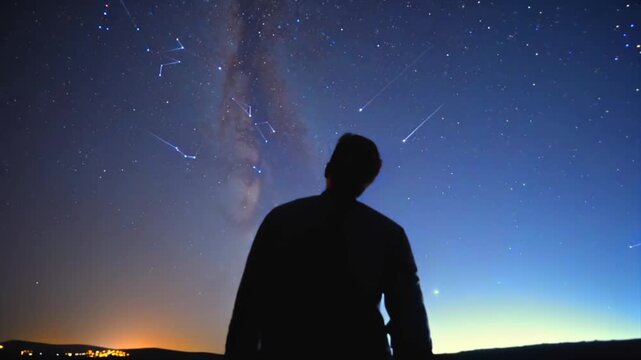 man watches starry night sky in open landscape, silhouetted beneath milky way and falling meteors, expressing solitude, wonder and cosmic curiosity during quiet astronomy observation
