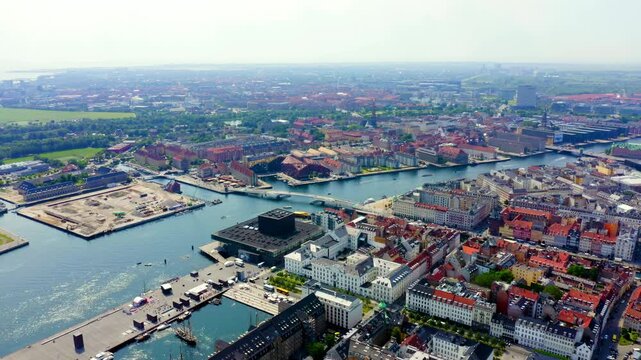 Copenhagen, Denmark. General panorama of the  historical part of the city. Amalienborg. The palace complex of the XVIII century in the Rococo style. Drone footage