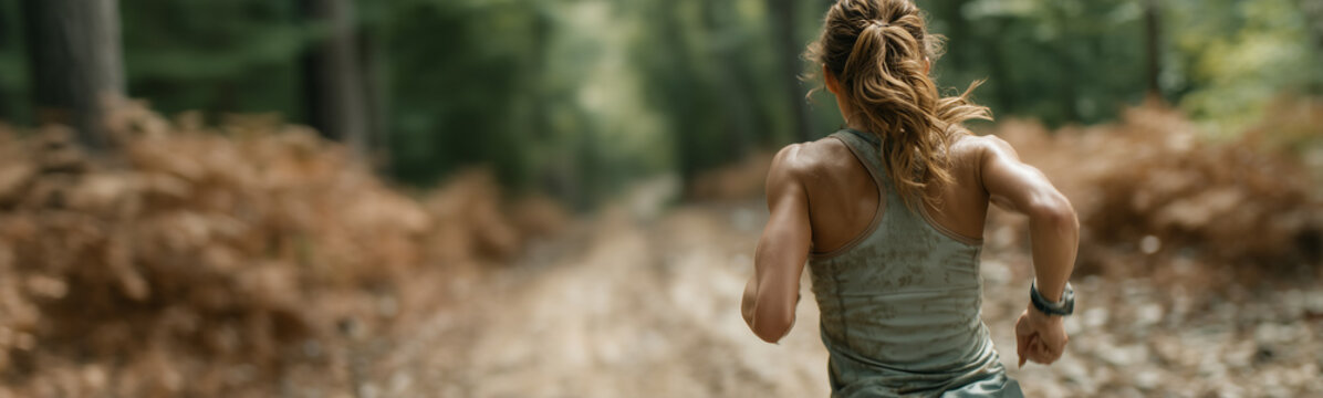 Trail Runner's Journey: A determined runner charges forward on a forest trail, embraced by the tranquility and natural beauty of the woodland, embodying a moment of solitude and the thrill of the run.