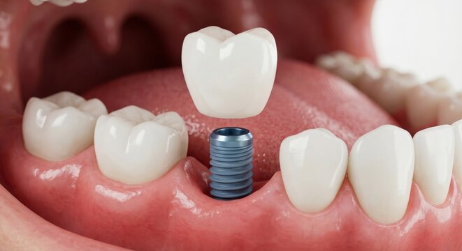 3D render of a modern dental implant replacing a missing tooth in human gums