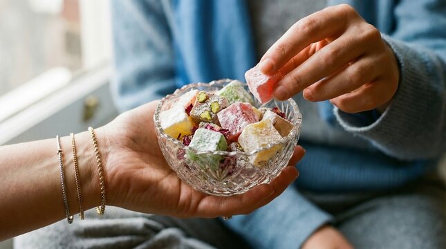 Hands sharing traditional colorful Turkish delight from glass bowl