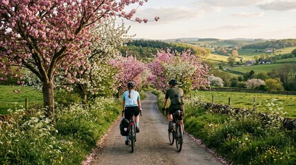 Naklejka premium Spring Bike Ride First Day of Spring Blossom Countryside Cycling Adventure Outdoor Lifestyle