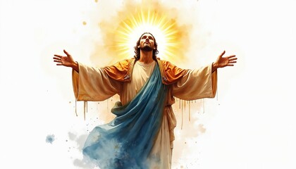 Fototapeta premium Jesus Christ figure with radiant halo glows in spiritual light. Watercolor art shows divine presence, open arms gesture. Ascended Messiah in flowing robes against white background, heavenly aura.