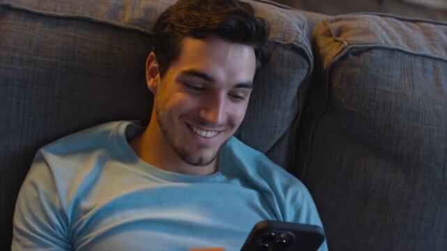 happy man lying on couch using smartphone, smiling and relaxed, adult male, casual home environment, indoor leisure, close-up, comfortable setting, personal device interaction, technology enjoyment