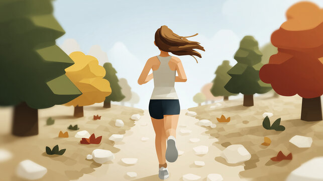 Autumn Trail Runner: A woman runs down a scenic path during autumn. She embodies dedication to fitness and the invigorating atmosphere of an outdoor adventure. 