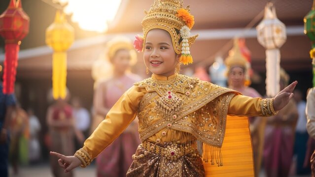 Joyful Young Girl in Golden Traditional Thai Dance Costume at Cultural Event