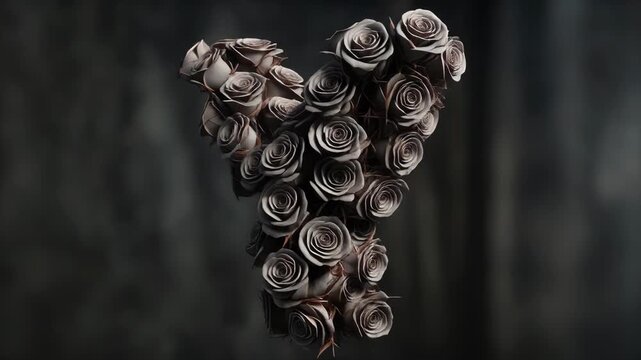 A dark gray arrangement of roses forming the shape of the letter Y
