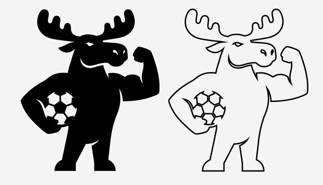 Vector illustration of moose holding soccer ball and flexing muscle