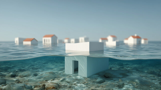 Underwatered City: A haunting depiction of a city submerged, with houses half-submerged in the water, evoking a sense of environmental crisis and climate change implications. 