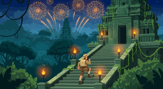 Adventurer climbing ancient temple stairs at night.
