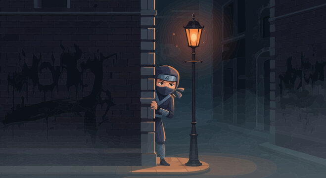 Mysterious character peeking from behind a street lamp.