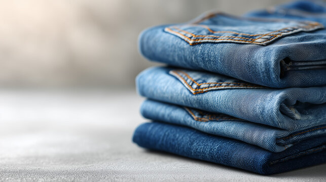 Stacked Denim Jeans: A neatly stacked pile of classic blue denim jeans, showcasing the texture and detail of the fabric, ready for everyday wear and showcasing timeless style.