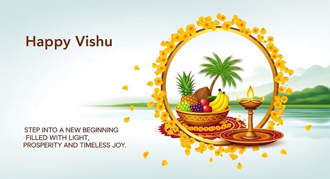 Happy Vishu Wishes with Traditional Fruits and Lamp