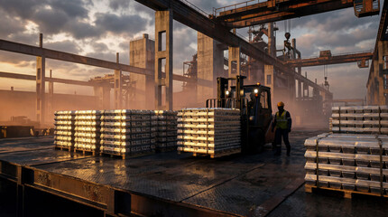 Naklejka premium Industrial worker operating a forklift with stacks of aluminum ingots at a dusty metal production plant during sunset