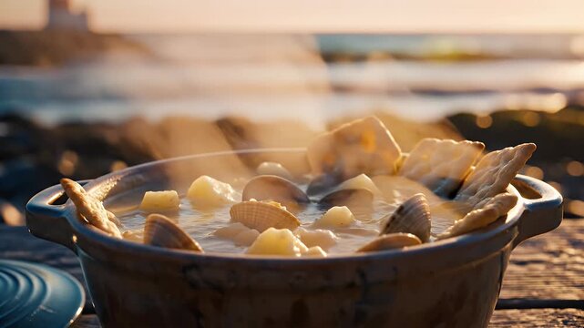 Steaming clam chowder with crackers, ocean background, and blurry lighthouse