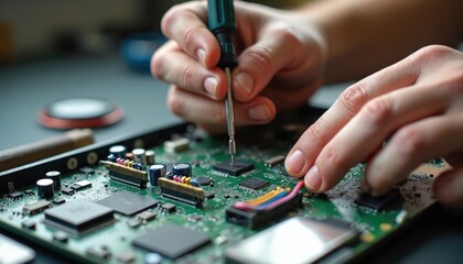 Obraz premium Person fixes computer motherboard using screwdriver. Technician works on electronic circuit board with microchip. Careful hands repair device in workshop. Upgrade tech hardware.