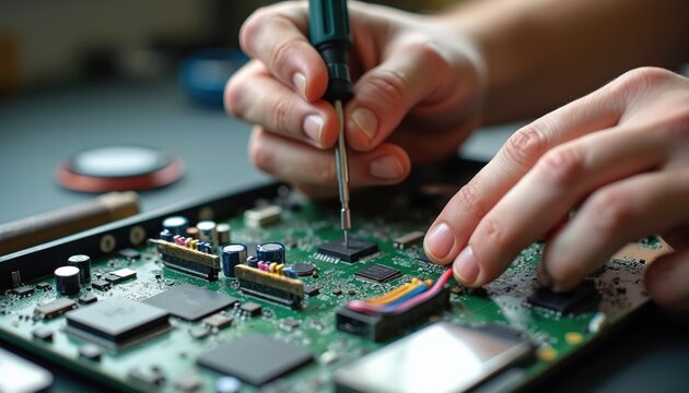 Person fixes computer motherboard using screwdriver. Technician works on electronic circuit board with microchip. Careful hands repair device in workshop. Upgrade tech hardware.