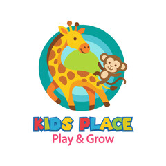 Obraz premium A cheerful logo displaying a giraffe and a monkey, representing a fun and engaging space for kids to play and grow. Ideal for children's play centers or products.