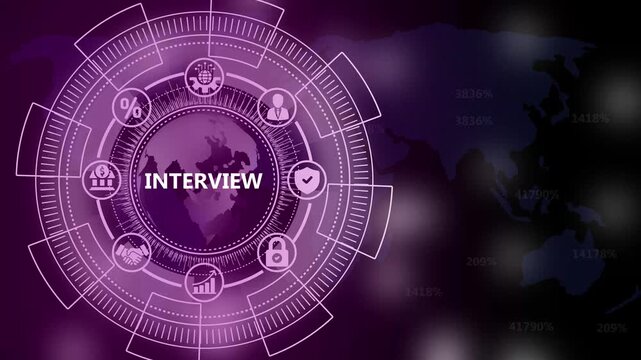Digital Global Interview Concept with Futuristic Interface and World Map Background hiring recruitment
