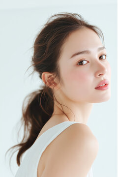 美容, 女性, スキンケア, 化粧品, ビューティー, 若い女性, 美肌, 日本人, アジア人, フェイシャル, メイク, 美容液, 保湿, クリーム, エイジングケア, 美容医療, エステ, 美容クリニック, 肌ケア, ナチュラルメイク, 透明感, ツヤ肌, モデル, 笑顔, ポートレート, クローズアップ, リラックス, 癒し, 健康的, 美白, コラーゲン, ヒアルロン酸, アンチエイジング