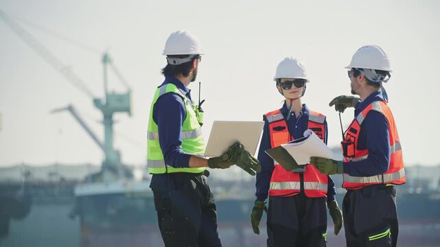 Engineering working at shipyard, Professional logistics monitoring cargo operations at industrial shipyard, transportation, harbor, infrastructure, distribution, freight, commercial shipping.