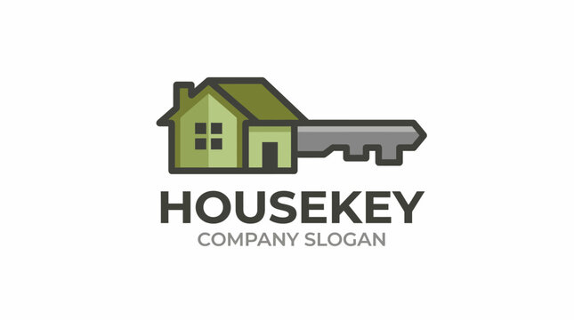 An innovative logo design combining a house silhouette and key element, representing a real estate or locksmith business, conveying security and ownership effectively.
