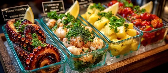 Fototapeta premium A wooden tray presents various chilled seafood dishes, garnishes, and lemon wedges