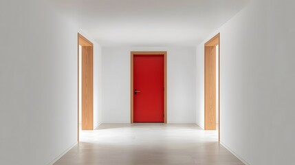 Fototapeta premium A clean architectural view of an apartment interior featuring a minimalist white color palette with natural wood trim and a striking primary color accent.