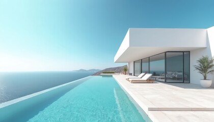 Fototapeta premium Modern white villa with infinity pool faces calm blue ocean on sunny day. Lounge chairs on sun deck, glass walls reflect water. Peaceful seaside luxury living.