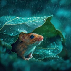 Obraz premium Mouse Seeking Shelter Under Leafy Canopy