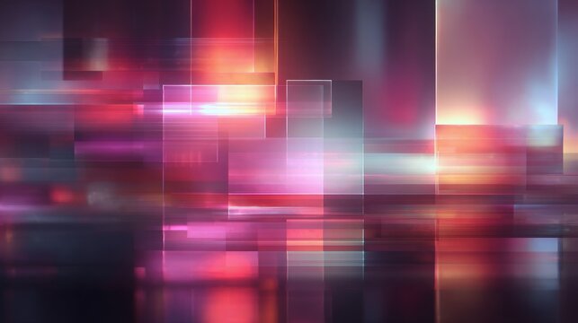 Synthwave digital background with red, purple, and white tones, thin transparent geometric objects, glitch lines, glowing textures, futuristic HUD layout, and abstract cyber aesthetic.