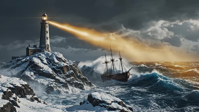 Lighthouse on rocky shore with sailing ship