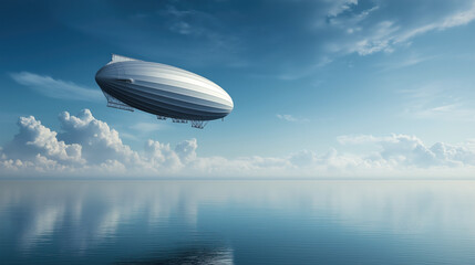 Naklejka premium Airship Sailing Above Calm Ocean Surface