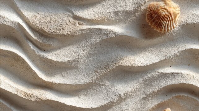 Carved stone tile with wave-like grooves resembling sand dunes, matte limestone texture with ridges and shallow valleys, paired with ridged seashell for scale and contrast.