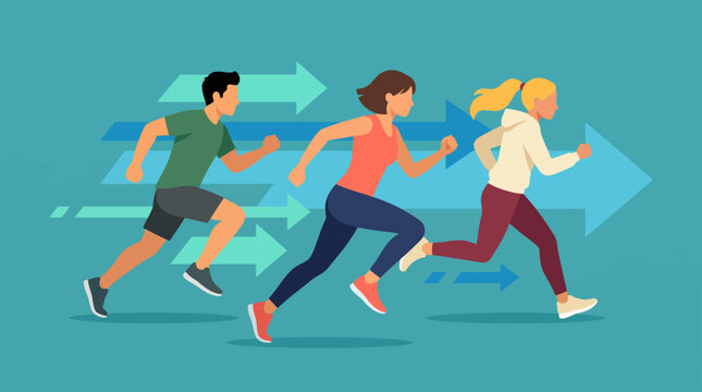 This vibrant illustration showcases three diverse runners in action, highlighted with motion lines, symbolizing speed, fitness, and the spirit of competition in a colorful setting.