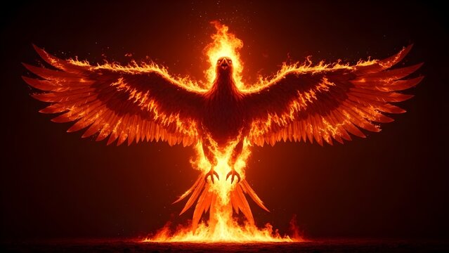 fiery phoenix with blazing wings rising from flames