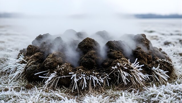 frosty steam vent ring on icy winter landscape with volcanic rocks