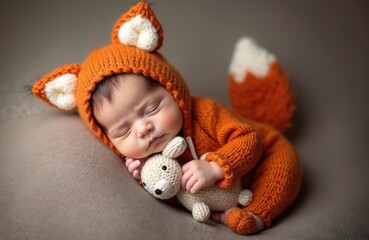 Fototapeta premium Newborn baby slepic soundly in orange fox costume. Infant cuddles knitted toy rabbit close. Peaceful little child rests on soft blanket, dreaming.