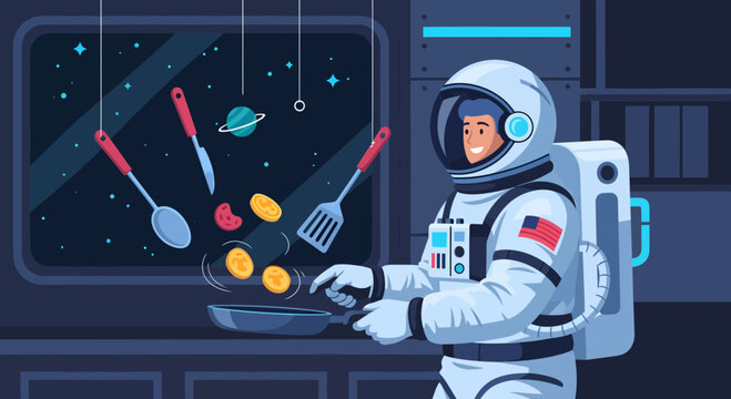 Astronaut cooking food in zero gravity space station.