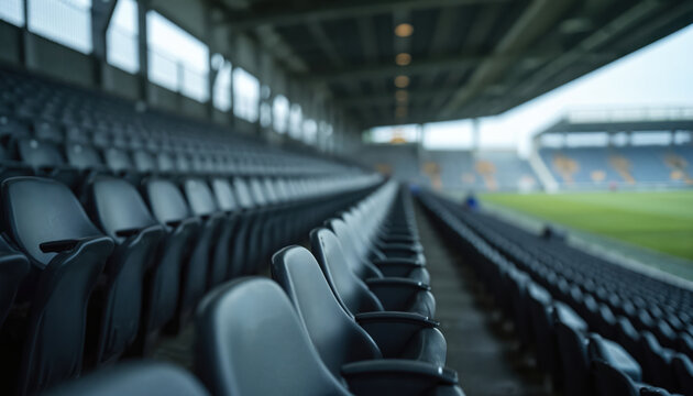 Rows of empty stadium seats face a green sports field. The vast arena is dark and quiet, awaiting fans and players for a match. Modern stadium architecture with grey seating.