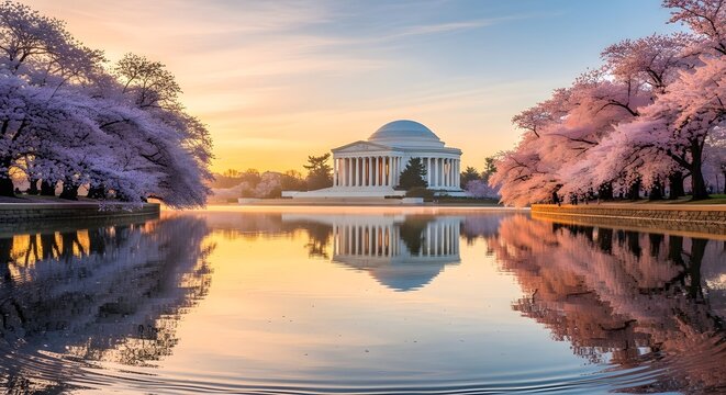 Jefferson Memorial With Cherry Blossoms At Sunrise