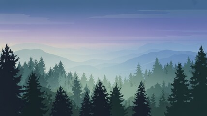 Fototapeta premium A serene mountain landscape with a misty forest and a gradient sky at sunrise